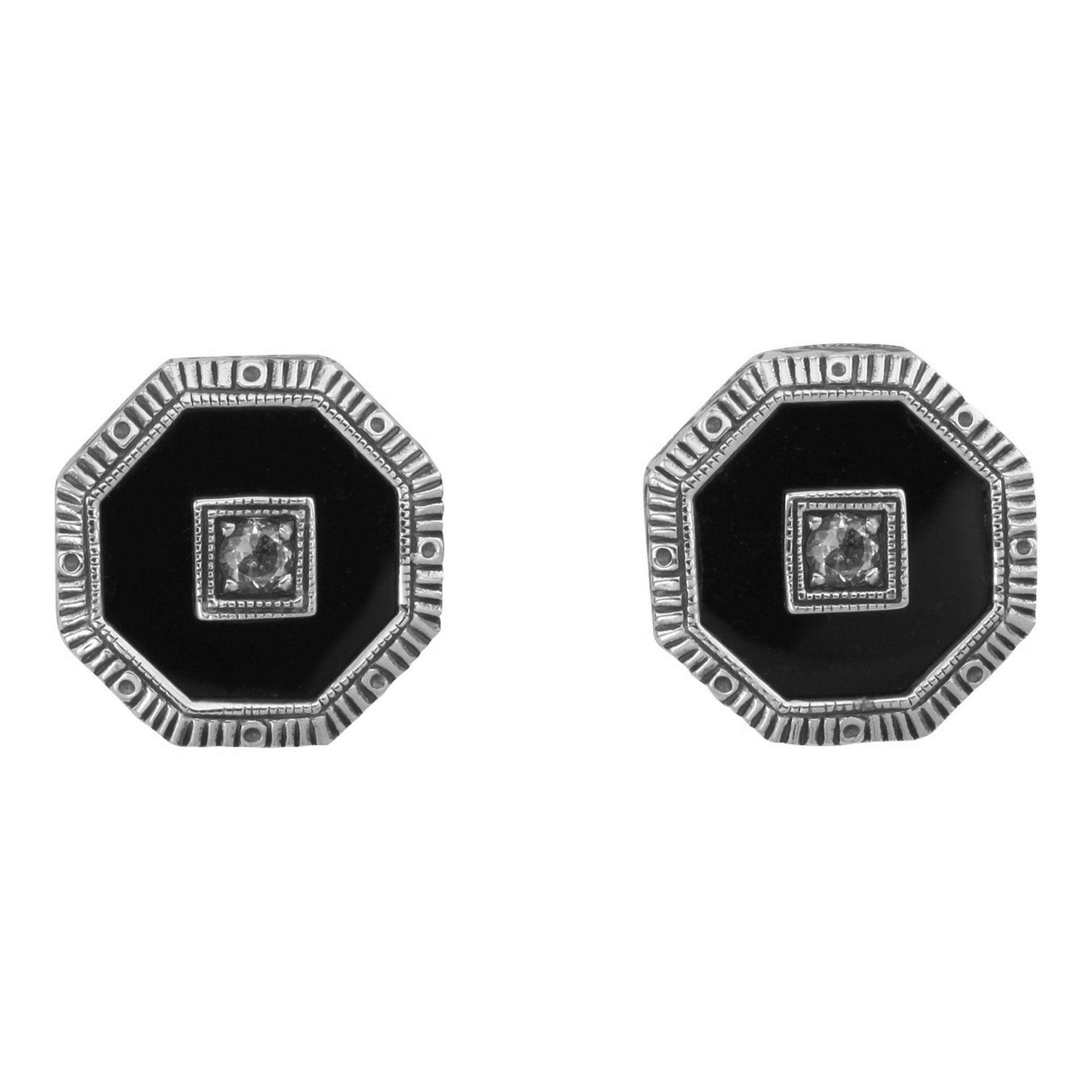 Art Deco octagonal black onyx stud earrings, white topaz center, milgrain etched border, post back, sterling silver
