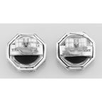 Back view of Classic Art Deco Filigree Black Onyx and White Topaz Earrings showing 925 sterling silver hallmark and French wire hooks