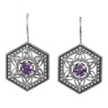Art Deco hexagonal earrings, round amethyst in open filigree lattice, milgrain bead frame, French wire hooks, sterling silver