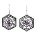 Art Deco hexagonal earrings, round amethyst in open filigree lattice, milgrain bead frame, French wire hooks, sterling silver