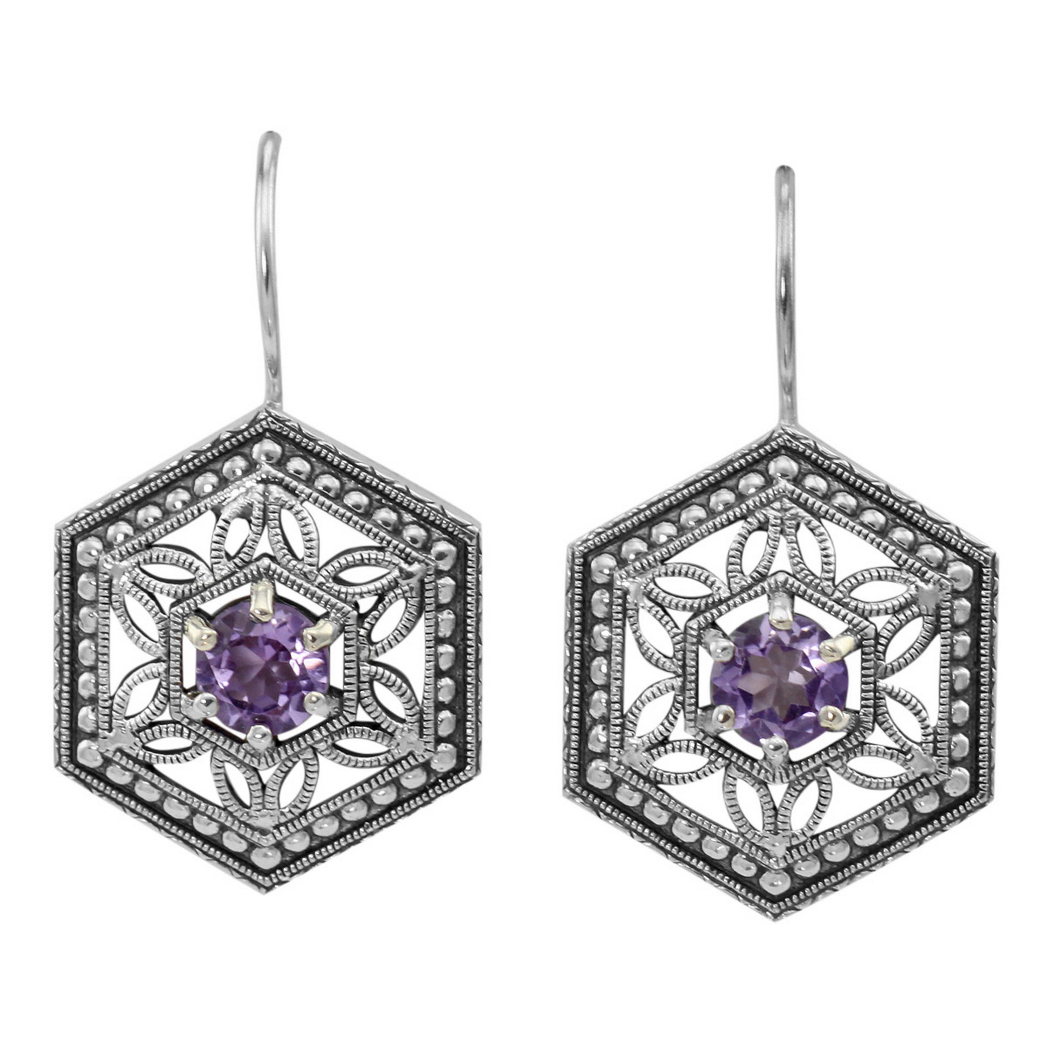 Art Deco hexagonal earrings, round amethyst in open filigree lattice, milgrain bead frame, French wire hooks, sterling silver