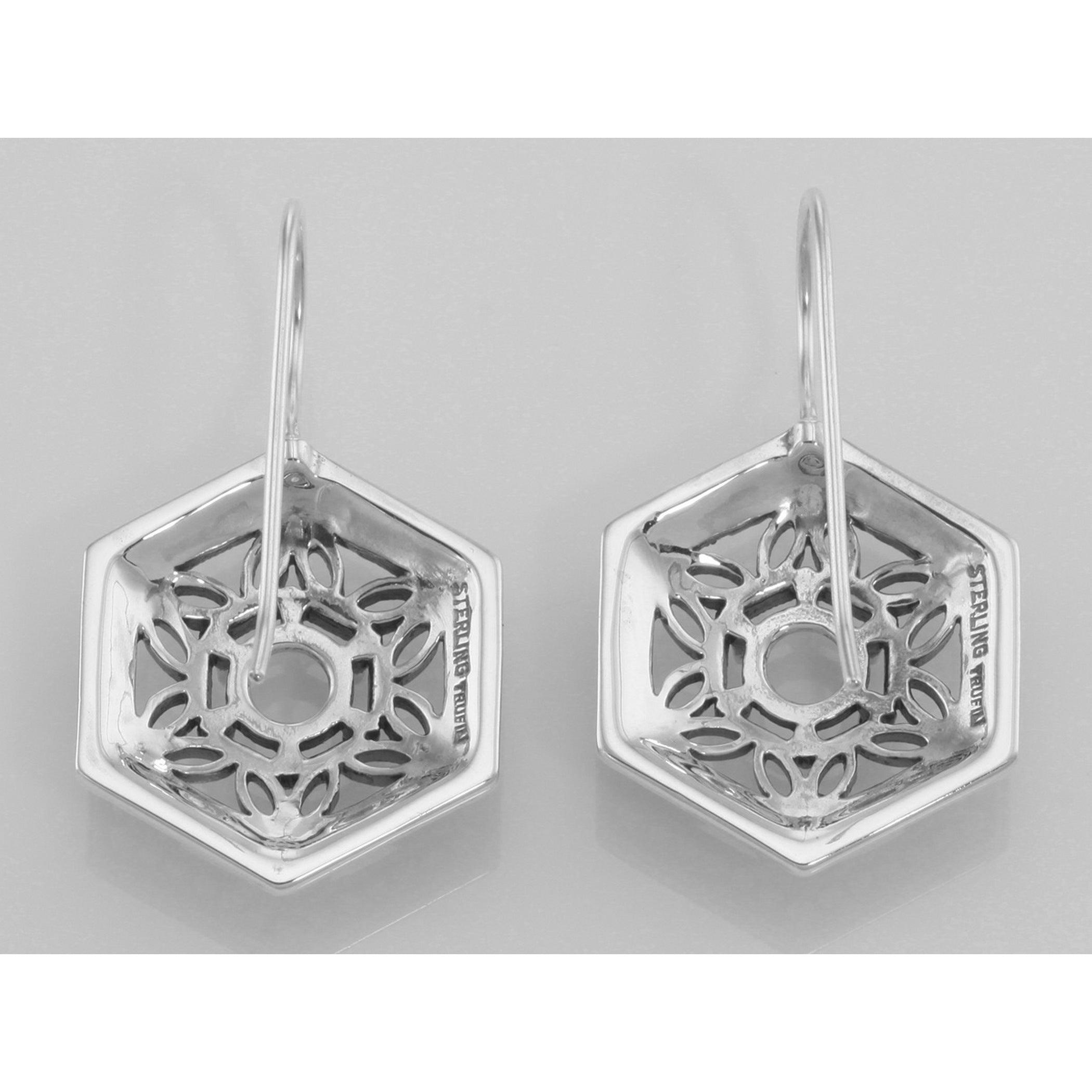Detail view of Art Deco Style Amethyst Filigree Earrings highlighting filigree detail