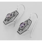 Back view of Art Deco Style Amethyst Filigree Earrings showing 925 sterling silver hallmark and French wire hooks