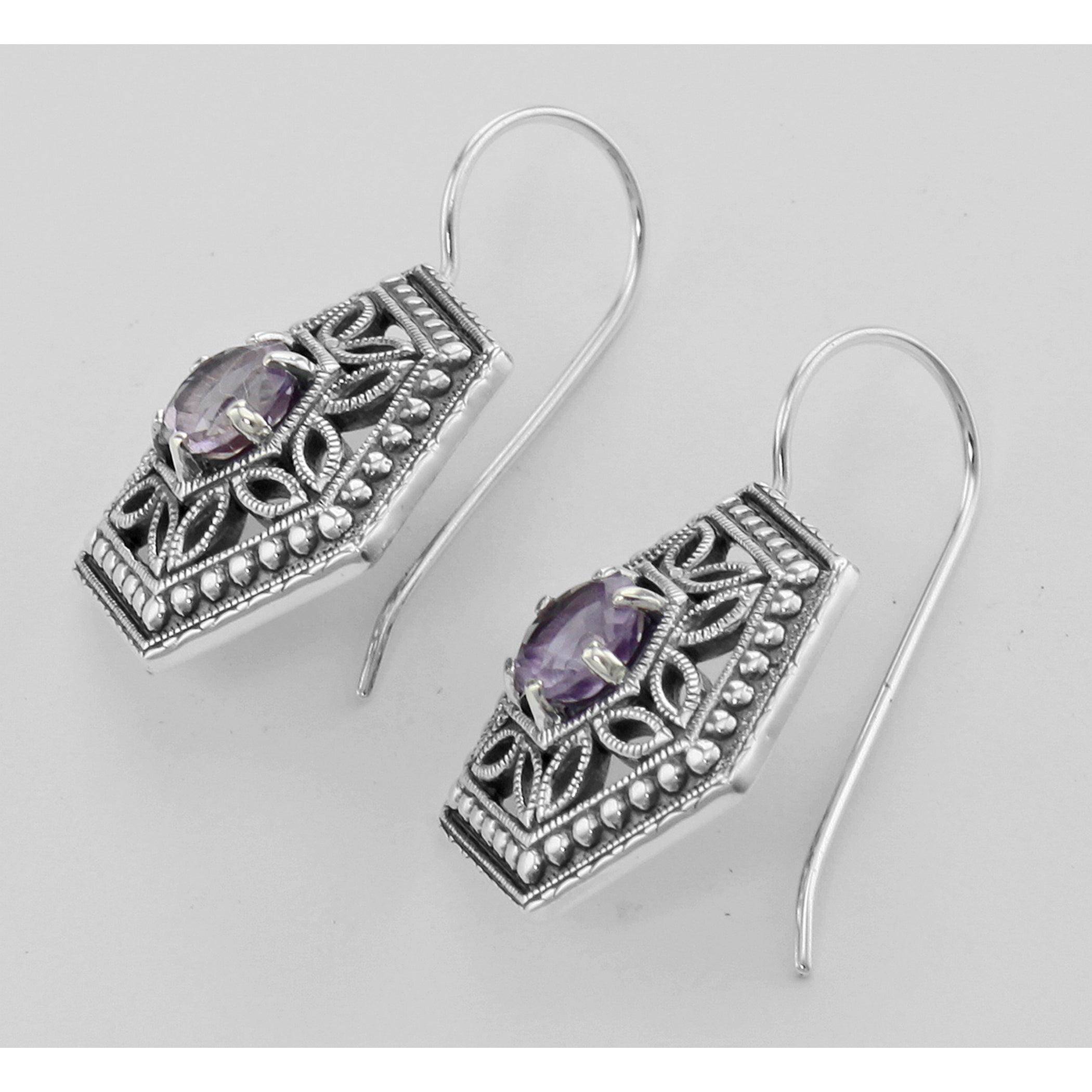 Back view of Art Deco Style Amethyst Filigree Earrings showing 925 sterling silver hallmark and French wire hooks