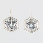 Back view of Art Deco Style Blue Topaz Filigree Earrings showing 925 sterling silver hallmark and French wire hooks