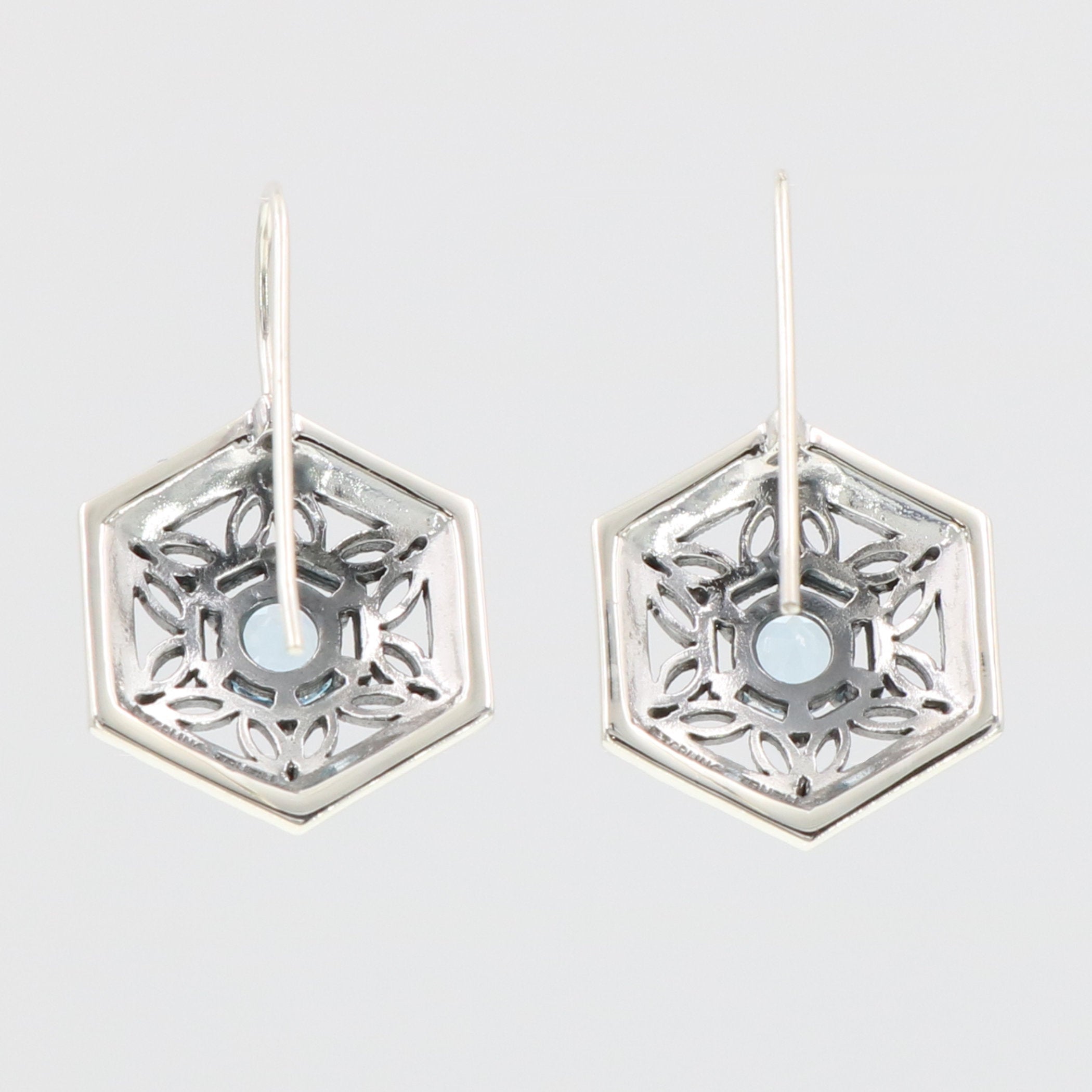Back view of Art Deco Style Blue Topaz Filigree Earrings showing 925 sterling silver hallmark and French wire hooks
