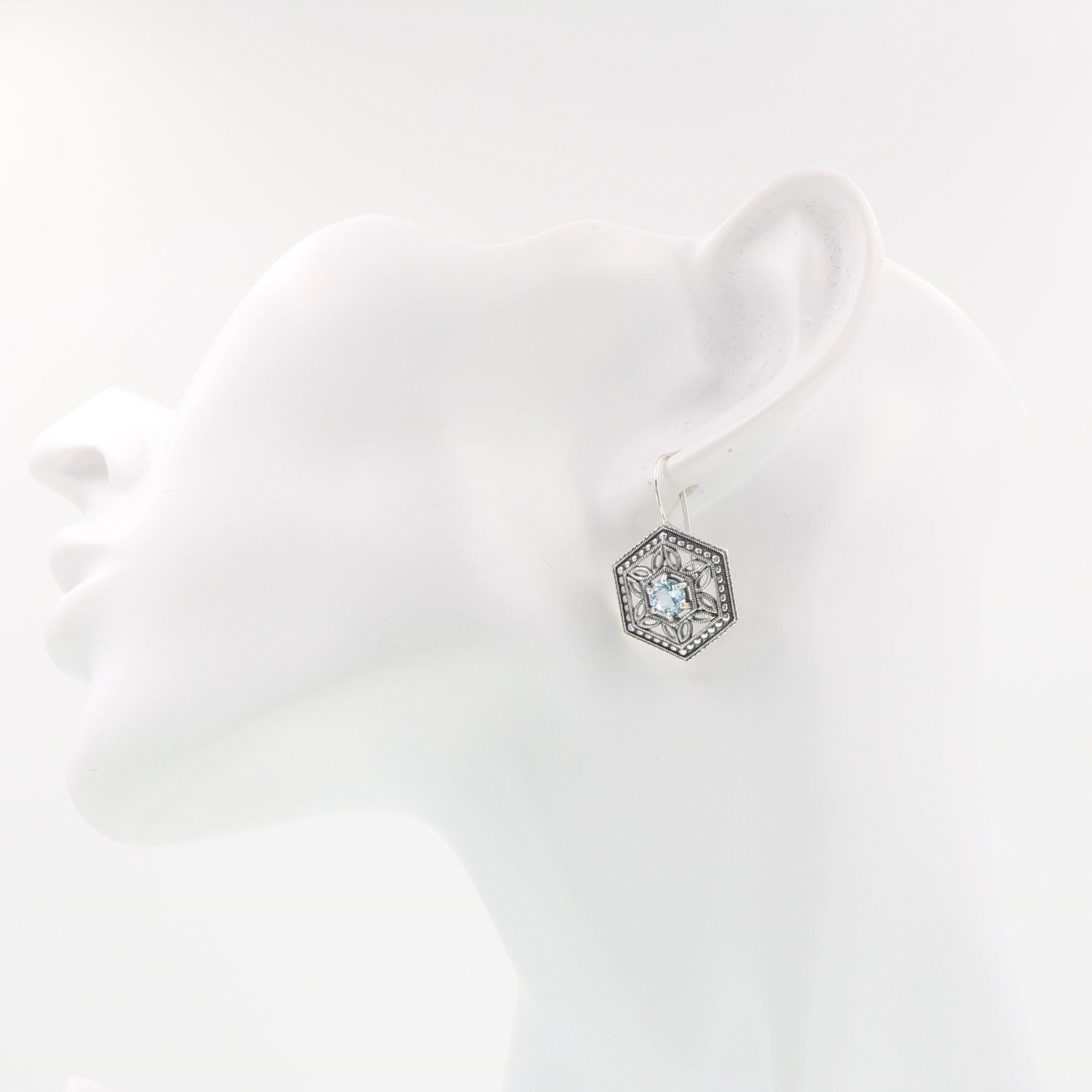 Detail view of Art Deco Style Blue Topaz Filigree Earrings highlighting filigree detail