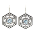 Art Deco hexagonal earrings, round blue topaz in open filigree lattice, milgrain frame, French wire hooks, sterling silver