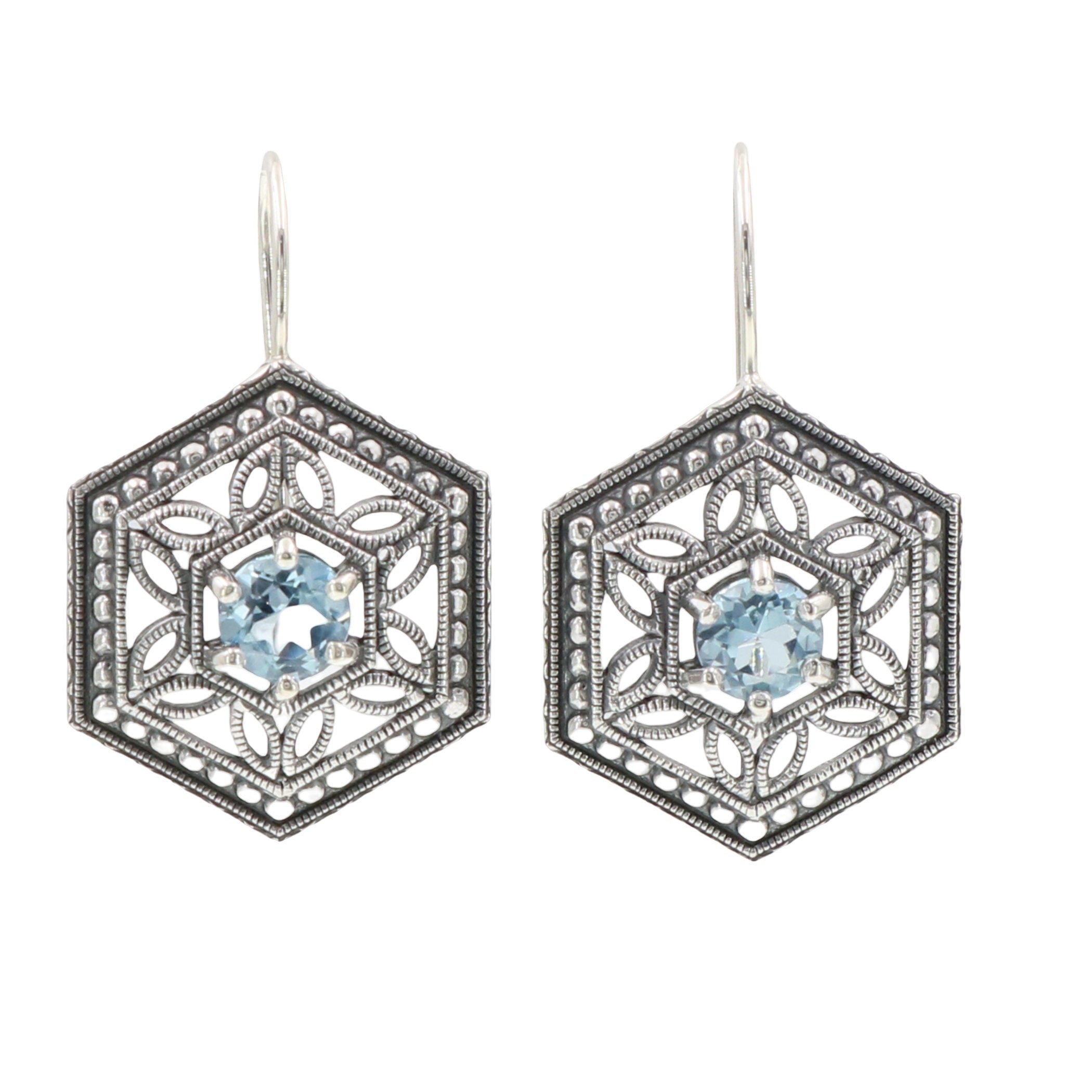 Art Deco hexagonal earrings, round blue topaz in open filigree lattice, milgrain frame, French wire hooks, sterling silver