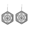 Art Deco hexagonal filigree earrings, round CZ center in open lattice, milgrain frame, French wire hooks, sterling silver