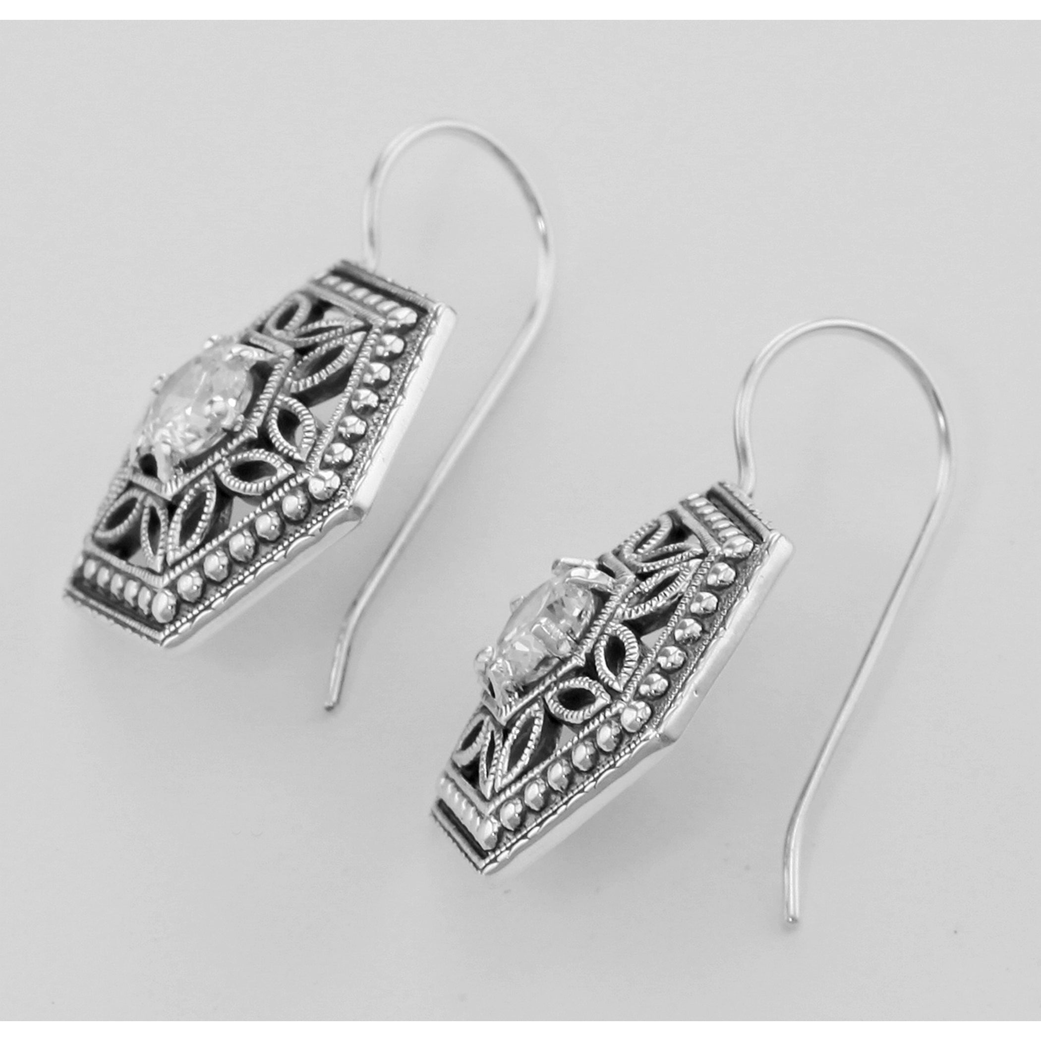 Back view of Art Deco Style White Topaz Filigree Earrings showing 925 sterling silver hallmark and French wire hooks