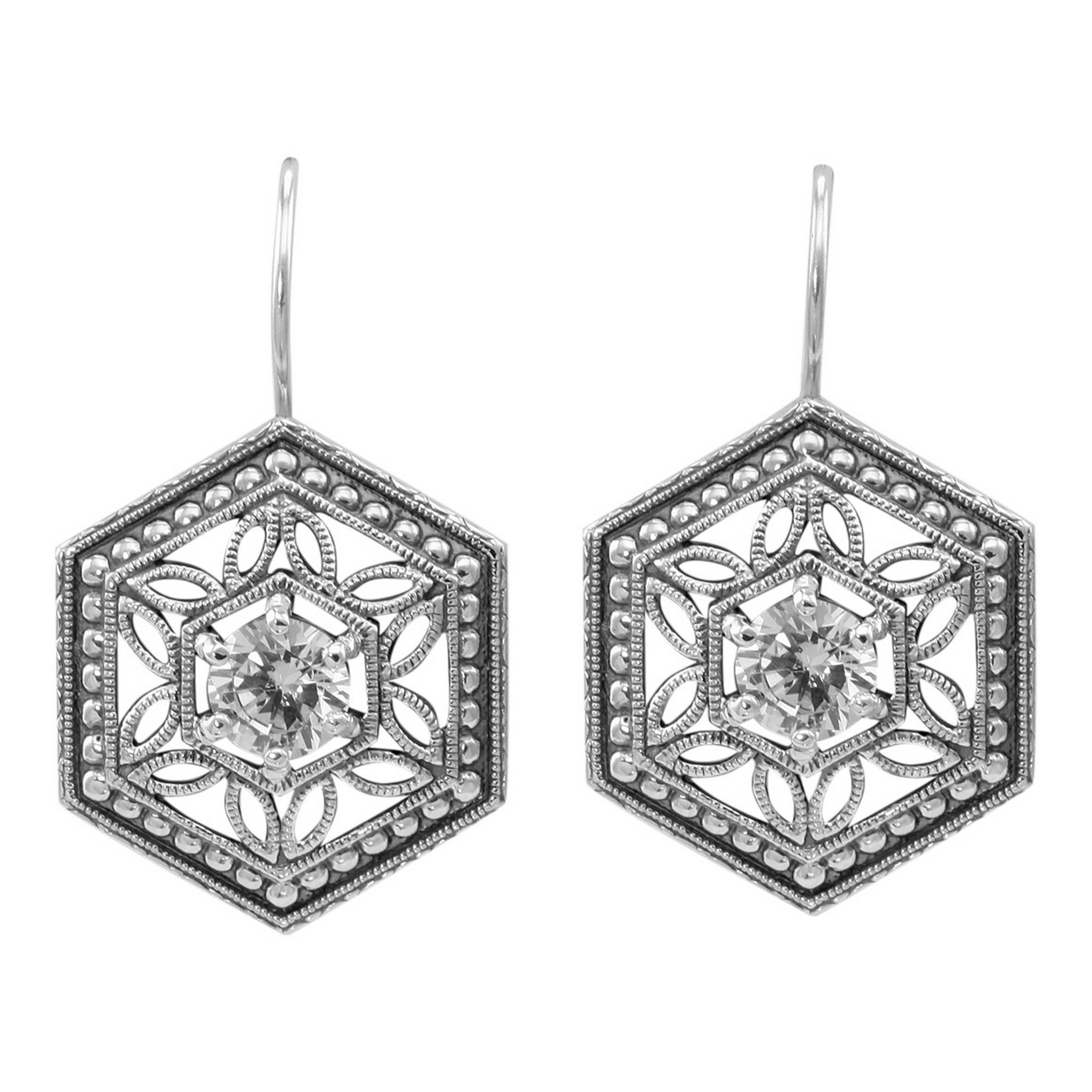 Art Deco hexagonal earrings, round white topaz in open filigree lattice, milgrain border, French wire hooks, sterling silver