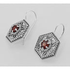 Back view of Art Deco Style Red Garnet Filigree Earrings showing 925 sterling silver hallmark and French wire hooks