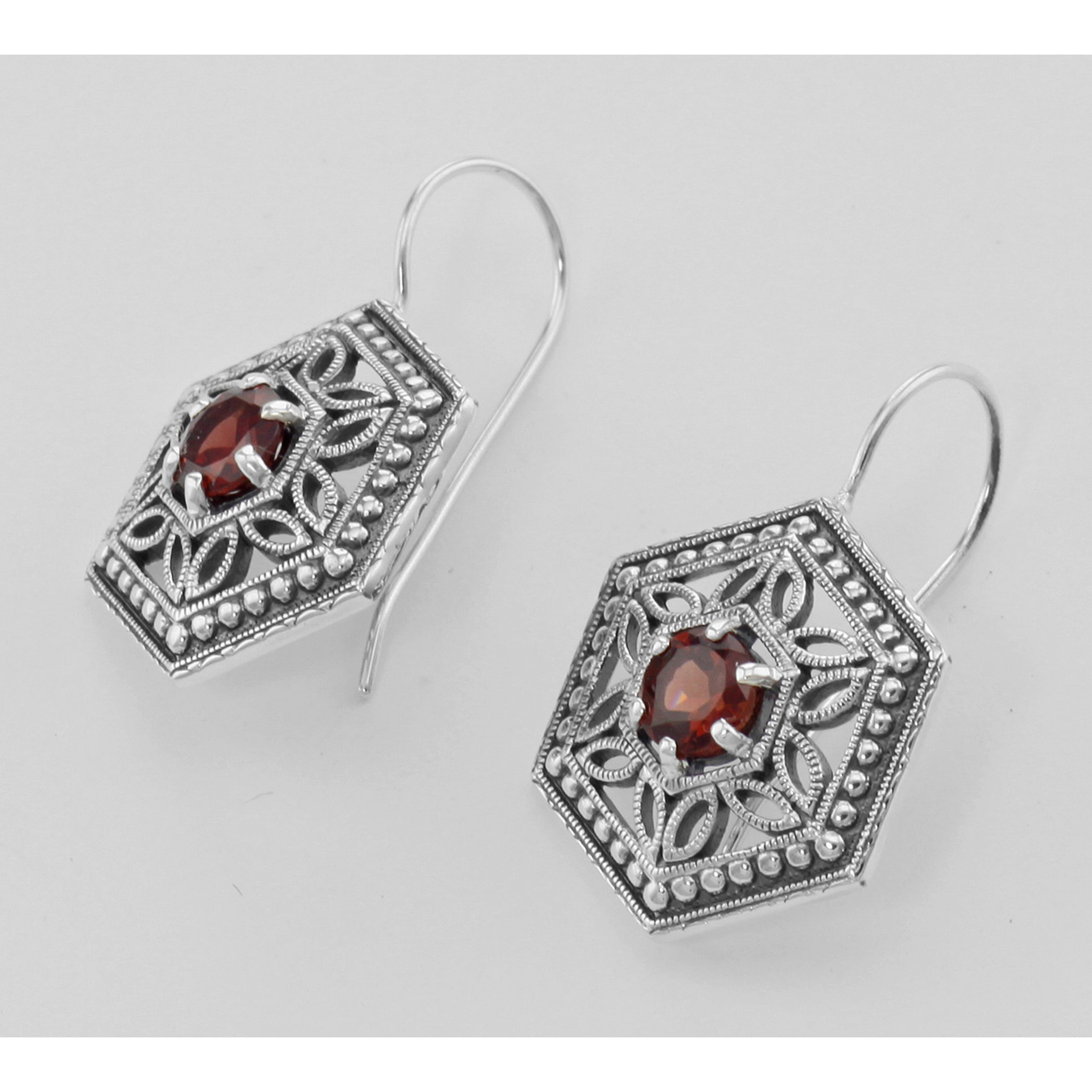 Back view of Art Deco Style Red Garnet Filigree Earrings showing 925 sterling silver hallmark and French wire hooks