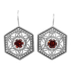 Art Deco hexagonal earrings, round red garnet in open filigree lattice, milgrain frame, French wire hooks, sterling silver