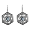 Art Deco hexagonal earrings, round London blue topaz in open filigree, milgrain border, French wire hooks, sterling silver