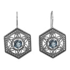 Art Deco hexagonal earrings, round London blue topaz in open filigree, milgrain border, French wire hooks, sterling silver