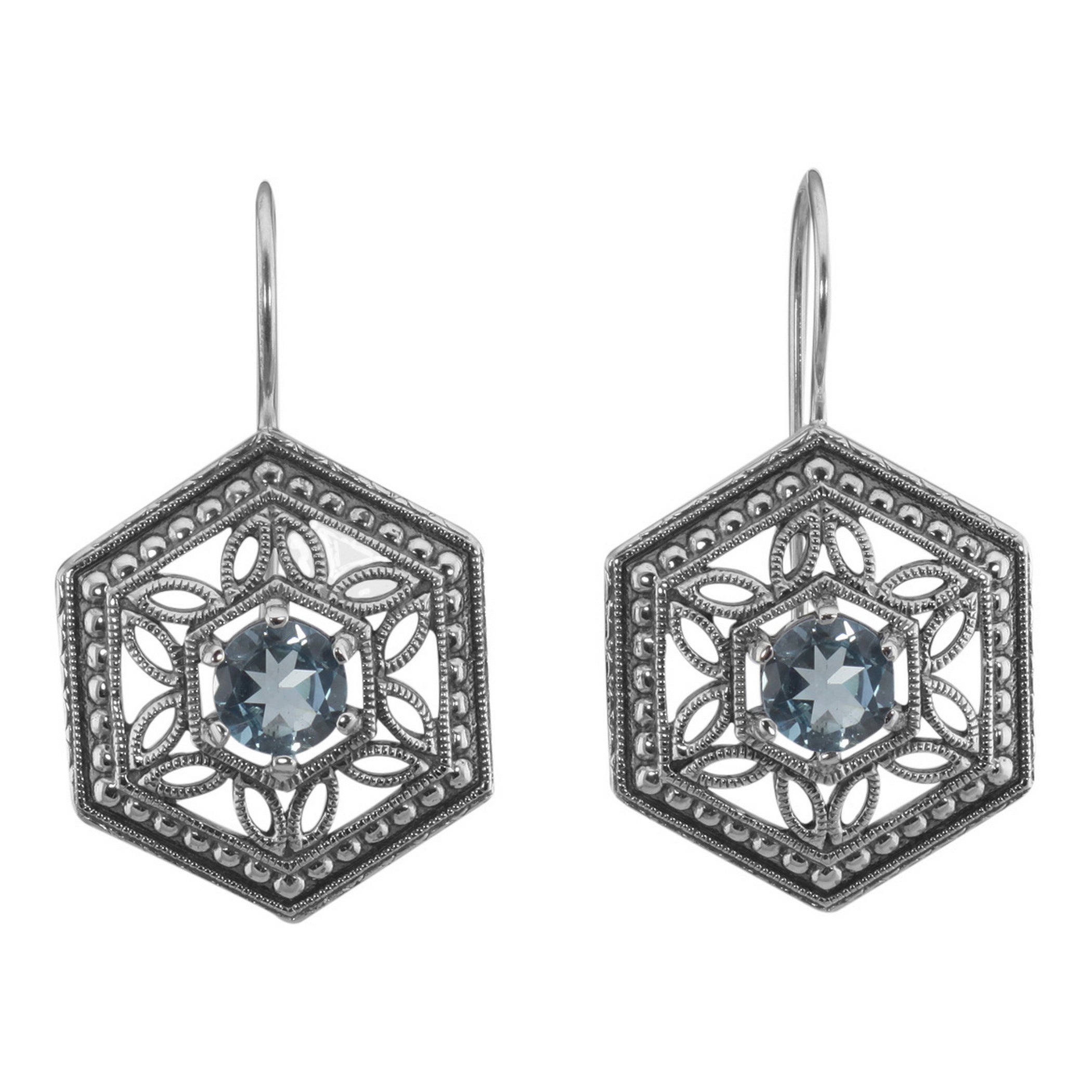 Art Deco hexagonal earrings, round London blue topaz in open filigree, milgrain border, French wire hooks, sterling silver