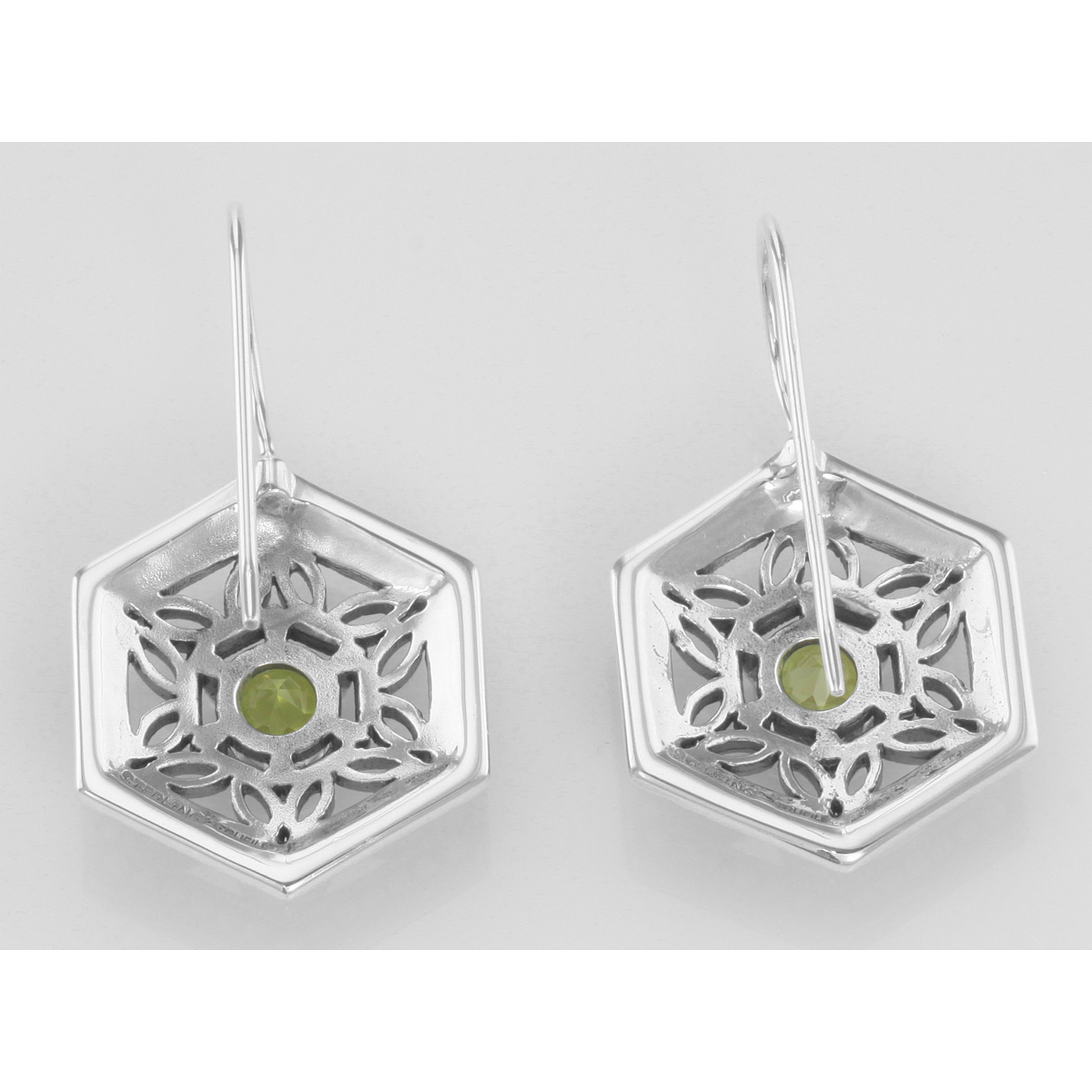 Back view of Art Deco Style Peridot Filigree Earrings showing 925 sterling silver hallmark and French wire hooks