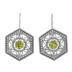 Art Deco hexagonal earrings, round peridot in open filigree lattice, milgrain bead frame, French wire hooks, sterling silver