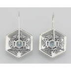 Back view of Art Deco Style London Blue Topaz Filigree Earrings showing 925 sterling silver hallmark and French wire hooks