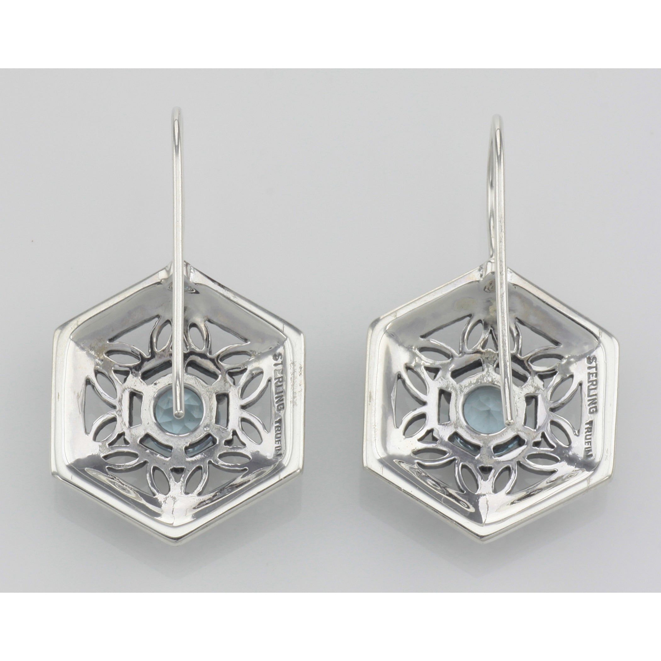 Back view of Art Deco Style London Blue Topaz Filigree Earrings showing 925 sterling silver hallmark and French wire hooks
