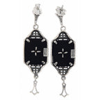 Back view of Art Deco Style Black Onyx Dangle Filigree Earrings with Diamond showing 925 sterling silver hallmark and French wire hooks