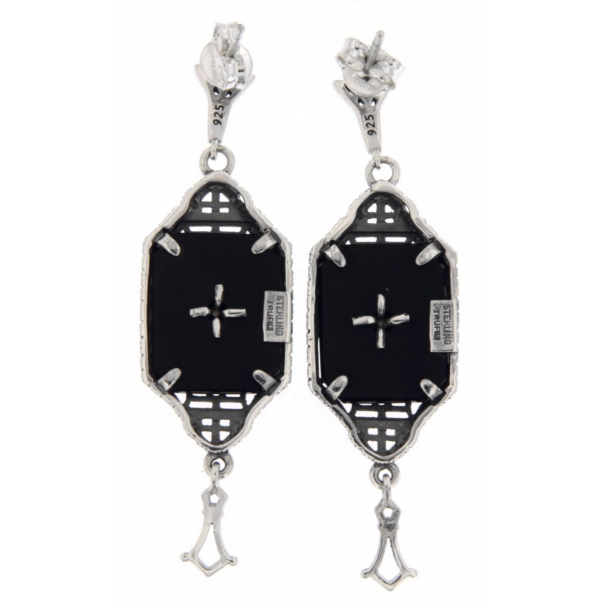 Back view of Art Deco Style Black Onyx Dangle Filigree Earrings with Diamond showing 925 sterling silver hallmark and French wire hooks