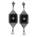 Art Deco long black onyx earrings, filigree frame, diamond cross center, marcasite stud post, tassel drop, sterling silver
