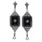 Art Deco long black onyx earrings, filigree frame, diamond cross center, marcasite stud post, tassel drop, sterling silver