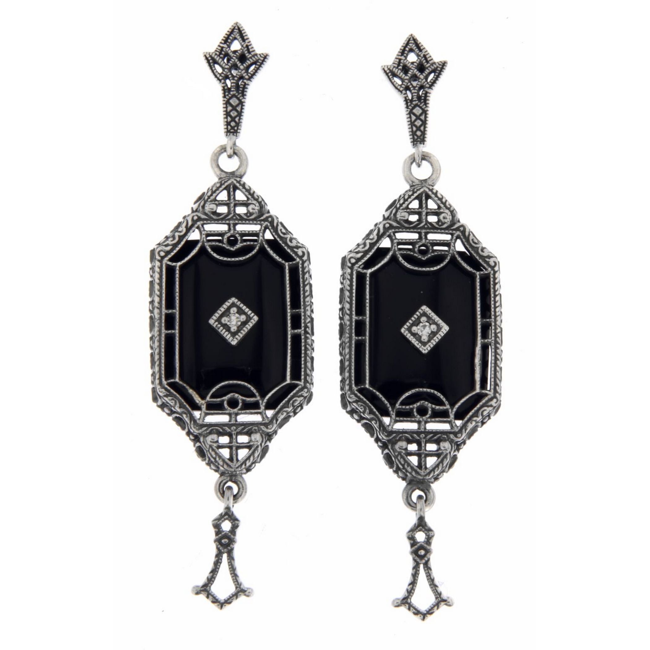 Art Deco long black onyx earrings, filigree frame, diamond cross center, marcasite stud post, tassel drop, sterling silver