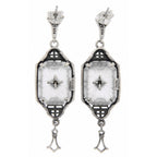 Back view of Art Deco Style Sunray Crystal Dangle Filigree Diamond Earrings showing 925 sterling silver hallmark and French wire hooks