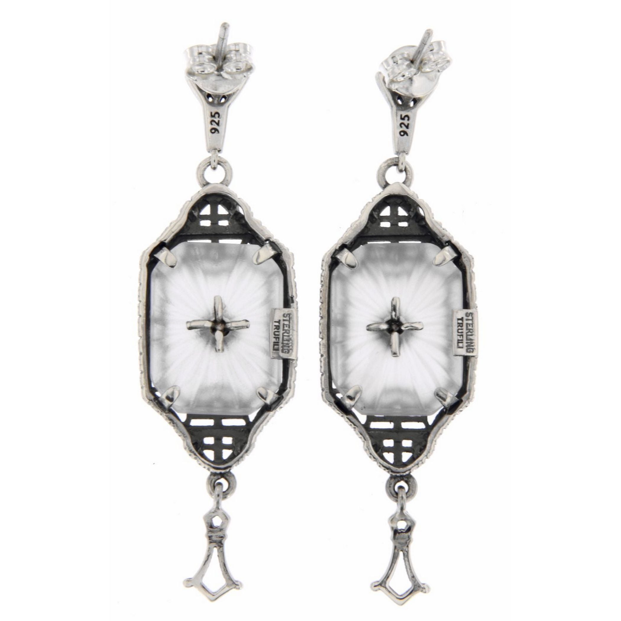 Back view of Art Deco Style Sunray Crystal Dangle Filigree Diamond Earrings showing 925 sterling silver hallmark and French wire hooks