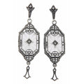 Art Deco long sunray camphor glass earrings, filigree frame, diamond center, marcasite stud, tassel drop, sterling silver