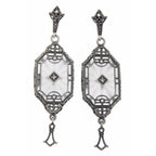 Art Deco long sunray camphor glass earrings, filigree frame, diamond center, marcasite stud, tassel drop, sterling silver