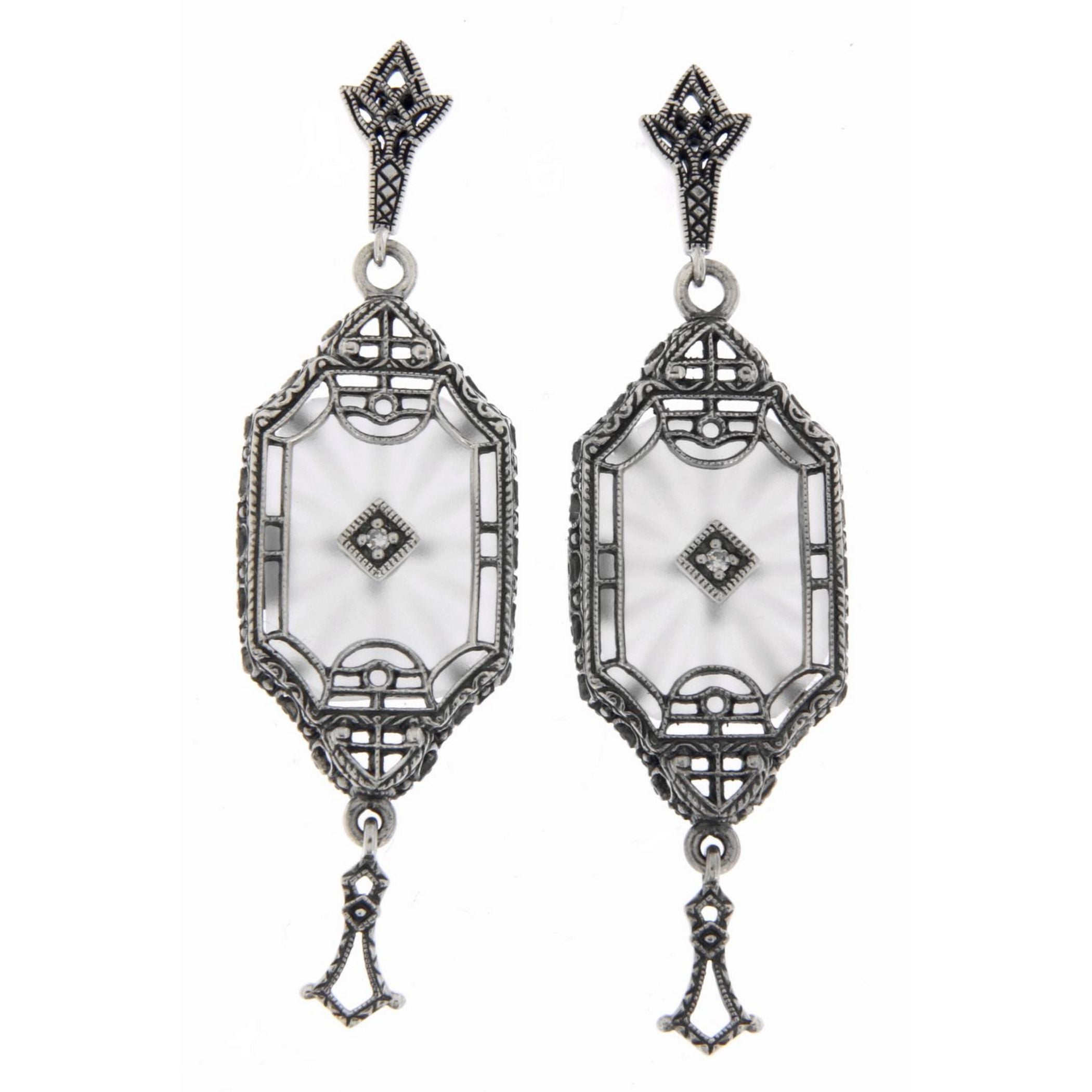 Art Deco long sunray camphor glass earrings, filigree frame, diamond center, marcasite stud, tassel drop, sterling silver