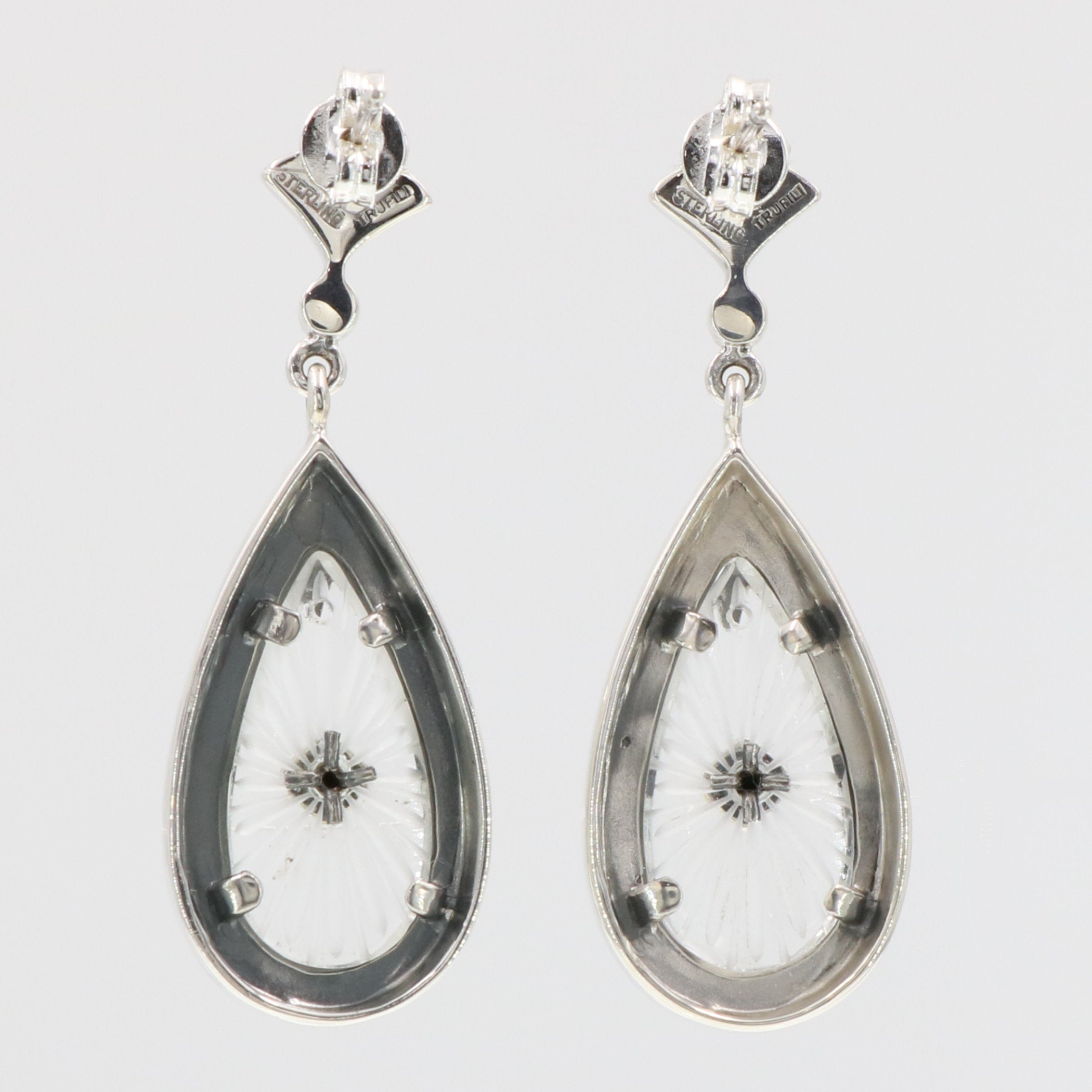 Back view of Sunray Crystal and Marcasite Filigree Earrings showing 925 sterling silver hallmark and French wire hooks
