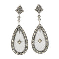 Art Deco teardrop earrings, sunray carved crystal with marcasite border, diamond center, marcasite post, sterling silver
