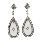 Art Deco teardrop earrings, sunray carved crystal with marcasite border, diamond center, marcasite post, sterling silver