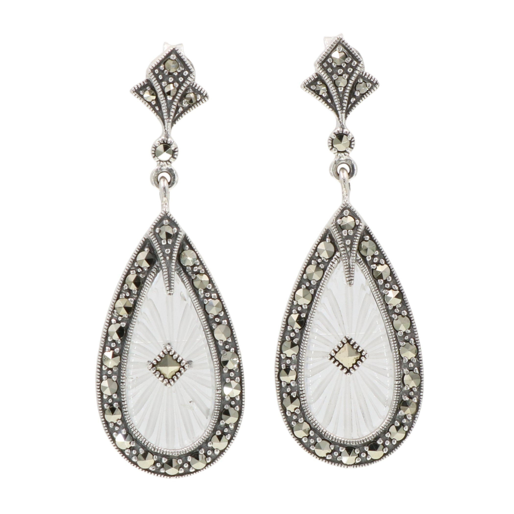 Art Deco teardrop earrings, sunray carved crystal with marcasite border, diamond center, marcasite post, sterling silver