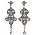 Sterling silver chandelier drop earrings, ornate bell-shaped filigree with white topaz clusters, pearl accents, crown post