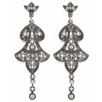 Sterling silver chandelier drop earrings, ornate bell-shaped filigree with white topaz clusters, pearl accents, crown post