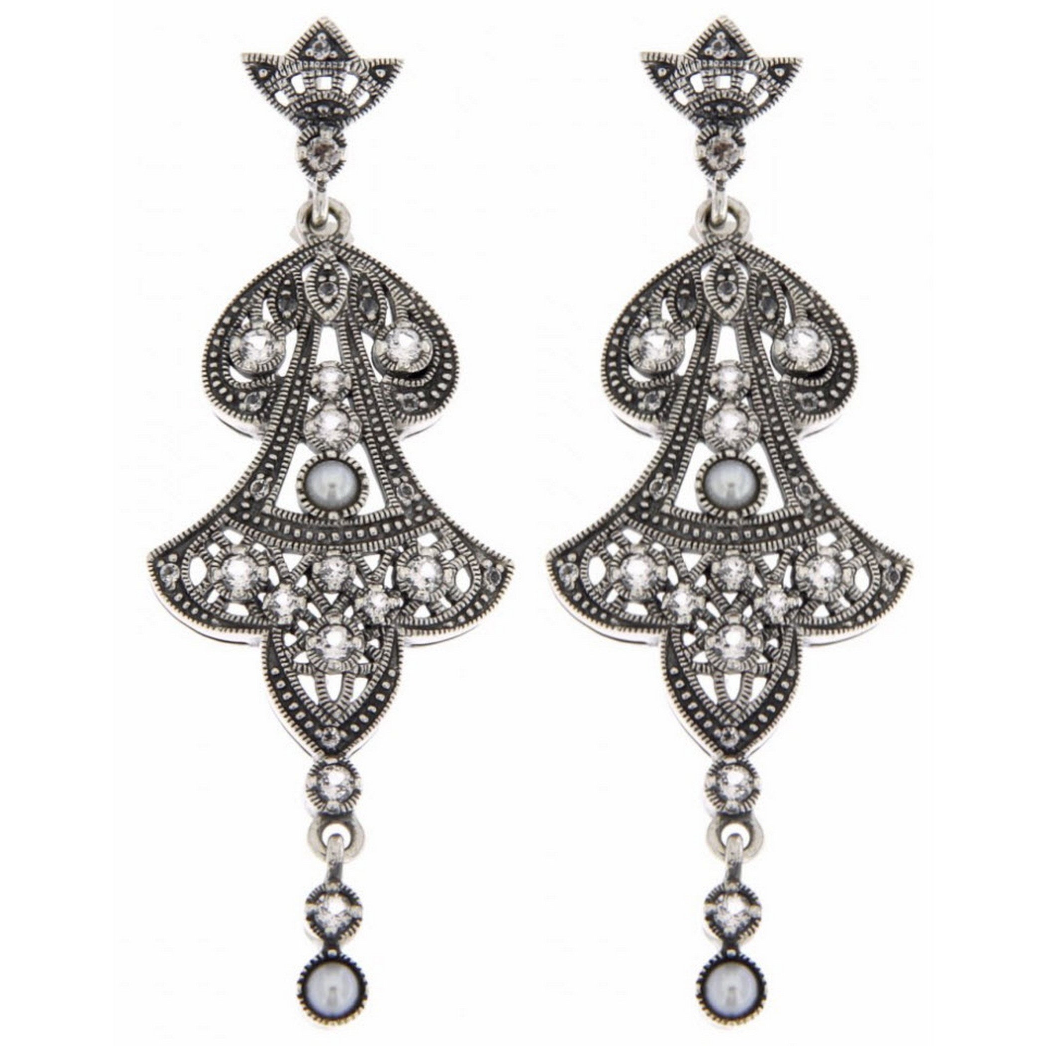 Sterling silver chandelier drop earrings, ornate bell-shaped filigree with white topaz clusters, pearl accents, crown post