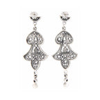 Back view of Filigree Fine White Topaz  Pearl Chandelier Drop Earrings showing 925 sterling silver hallmark and French wire hooks