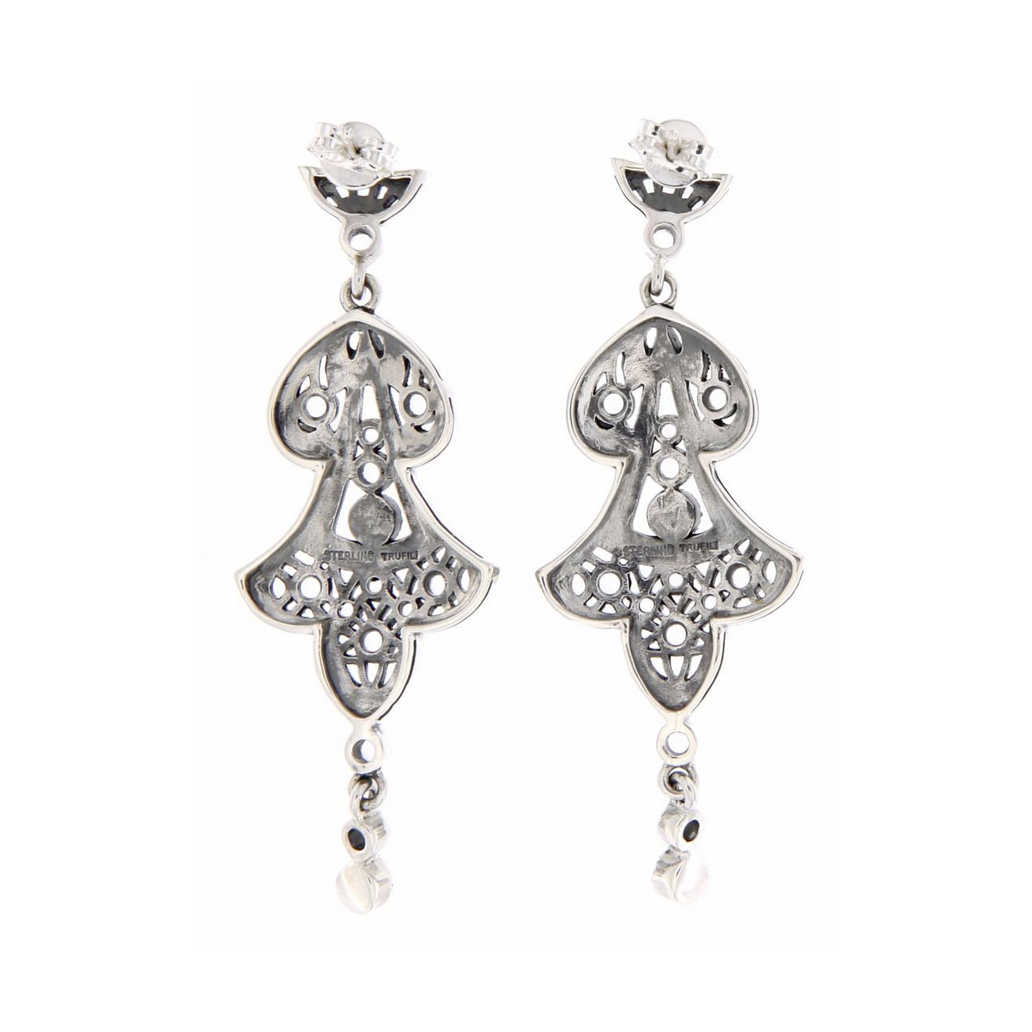 Back view of Filigree Fine White Topaz  Pearl Chandelier Drop Earrings showing 925 sterling silver hallmark and French wire hooks
