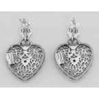 Back view of Victorian Style Diamond Filigree Heart Shaped Earrings showing 925 sterling silver hallmark and French wire hooks