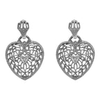Victorian large heart filigree dangle earrings, dense open vine scrollwork, diamond center, crown post, sterling silver