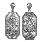 Art Deco rectangular filigree drop earrings, large open X-pattern lattice, diamond center, forked crown post, sterling silver