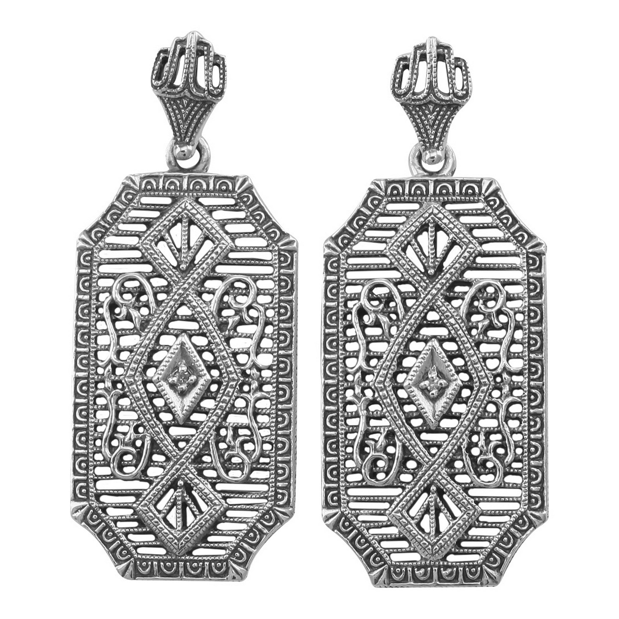 Art Deco rectangular filigree drop earrings, large open X-pattern lattice, diamond center, forked crown post, sterling silver