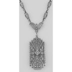 Detail view of Art Deco Style Camphor Glass Filigree Diamond Necklace Sterling Silver highlighting Diamond, Camphor Glass
